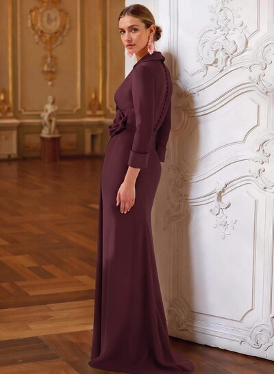 Sheath/Column V-Neck 3/4 Sleeves Sweep Train Elastic Satin Evening Dresses With Pleated/Flower