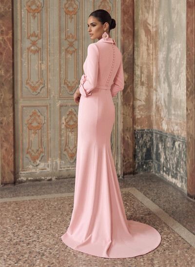 Fitted Column V-Neck Evening Dress In Stretch Satin With 3/4 Sleeves, Sweep Train And Pleated Floral Details