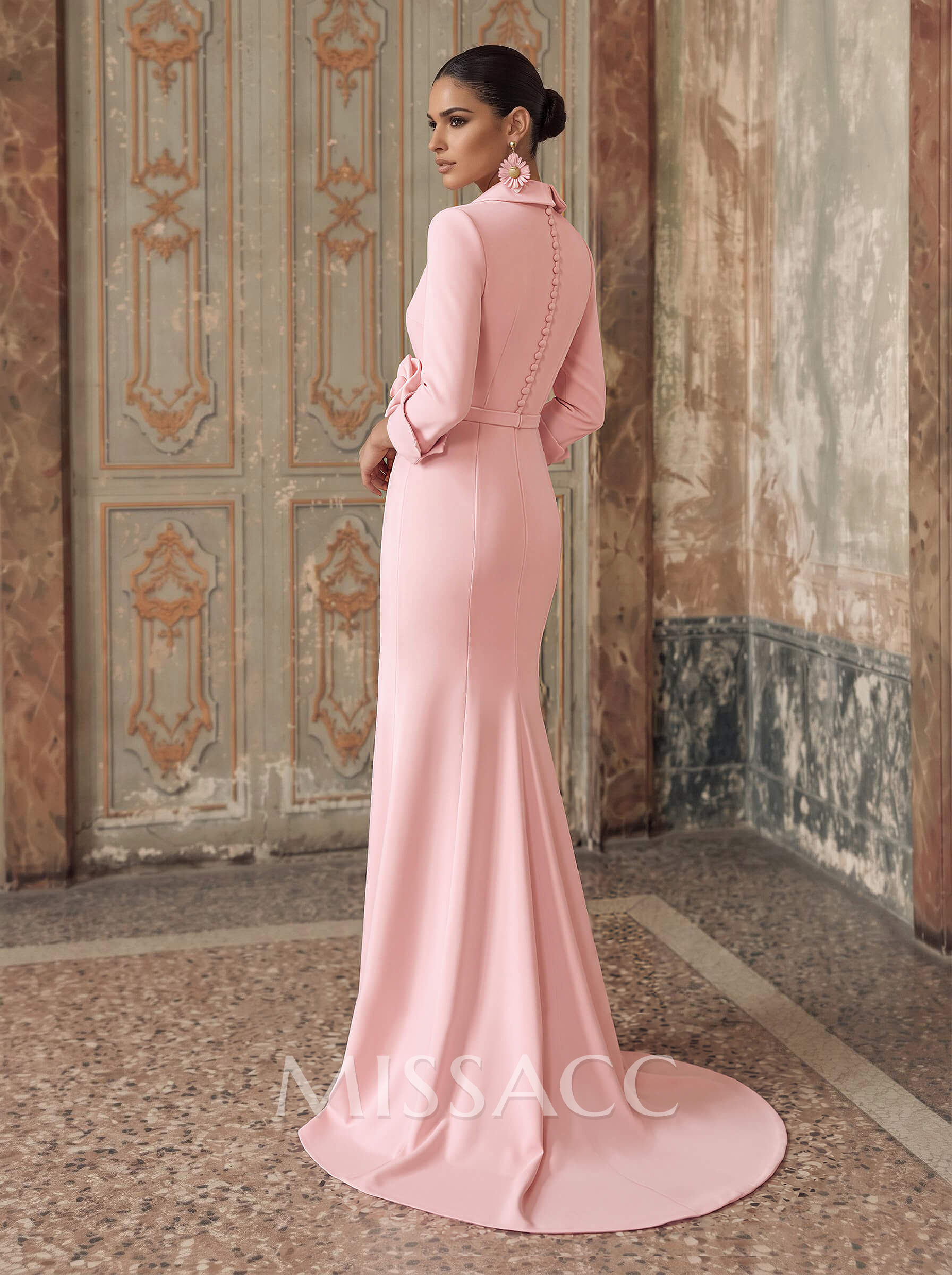 Sheath/Column V-Neck 3/4 Sleeves Sweep Train Elastic Satin Evening Dresses With Pleated/Flower Sheath/Column V-Neck 3/4 Sleeves Sweep Train Elastic Satin Evening Dresses With Pleated/Flower
