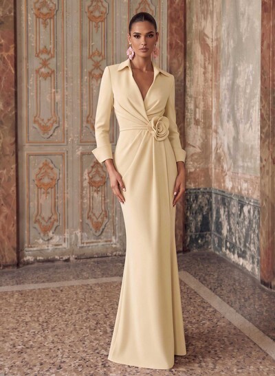 Sheath/Column V-Neck 3/4 Sleeves Sweep Train Elastic Satin Evening Dresses With Pleated/Flower