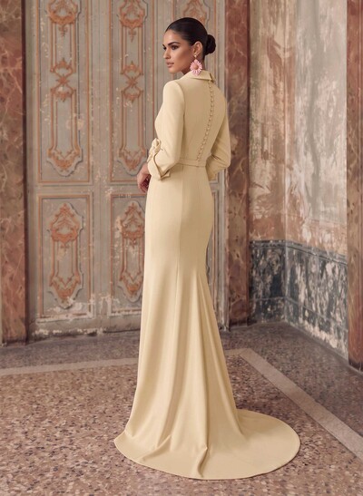 Sheath/Column V-Neck 3/4 Sleeves Sweep Train Elastic Satin Evening Dresses With Pleated/Flower