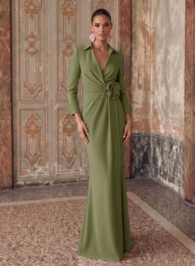 Fitted V-Neck 3/4 Sleeve Stretch Satin Evening Gown With Sweep Train And Pleated Flower Details