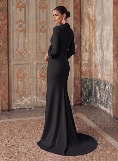 Sheath/Column V-Neck Stretch Satin Evening Dress With 3/4 Sleeves, Sweep Train And Pleated Floral Accents