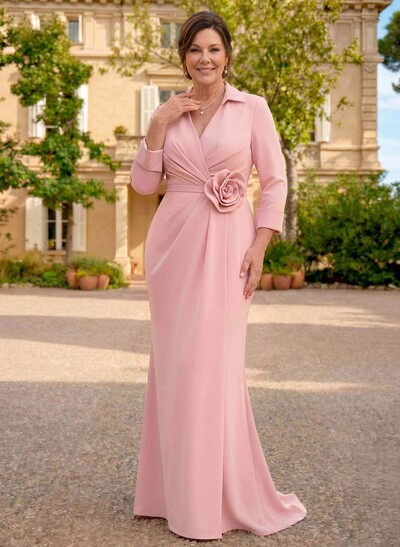 Sheath/Column V-Neck 3/4 Sleeves Sweep Train Elastic Satin Evening Dresses With Pleated/Flower
