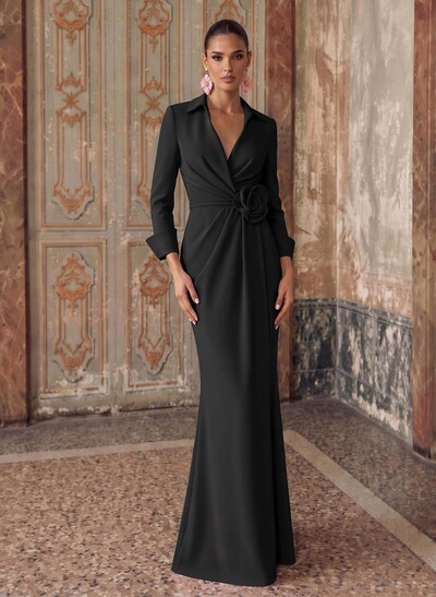 Sheath/Column V-Neck Stretch Satin Evening Dress With 3/4 Sleeves, Sweep Train And Pleated Floral Accents