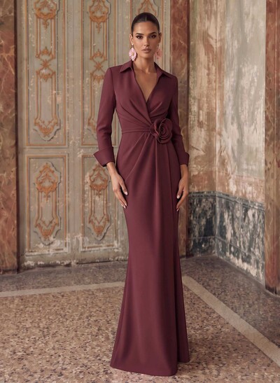 Sheath/Column V-Neck 3/4 Sleeves Sweep Train Elastic Satin Evening Dresses With Pleated/Flower