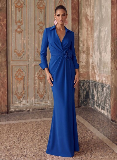 Sheath/Column V-Neck 3/4 Sleeves Sweep Train Elastic Satin Evening Dresses With Pleated/Flower