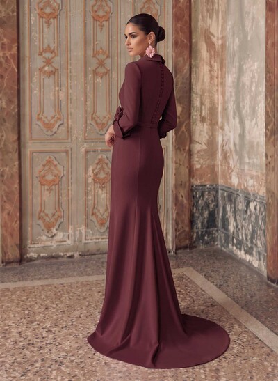 Sheath/Column V-Neck 3/4 Sleeves Sweep Train Elastic Satin Evening Dresses With Pleated/Flower