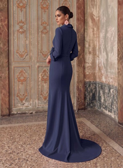 Sheath/Column V-Neck 3/4 Sleeves Sweep Train Elastic Satin Evening Dresses With Pleated/Flower
