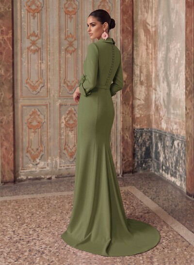 Fitted V-Neck 3/4 Sleeve Stretch Satin Evening Gown With Sweep Train And Pleated Flower Details