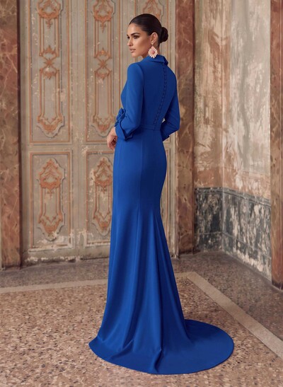 Sheath/Column V-Neck 3/4 Sleeves Sweep Train Elastic Satin Evening Dresses With Pleated/Flower