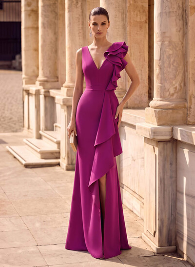 Trumpet/Mermaid V-Neck Sleeveless Sweep Train Elastic Satin Evening Dresses With Cascading Ruffles/Shoulder Ruffle