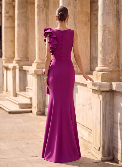 Trumpet/Mermaid V-Neck Sleeveless Sweep Train Elastic Satin Evening Dresses With Cascading Ruffles/Shoulder Ruffle