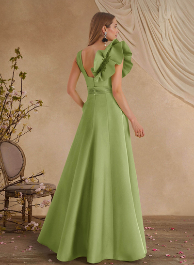 A-Line V-Neck Sleeveless Floor-Length Lace Satin Evening Dresses With Shoulder Ruffle