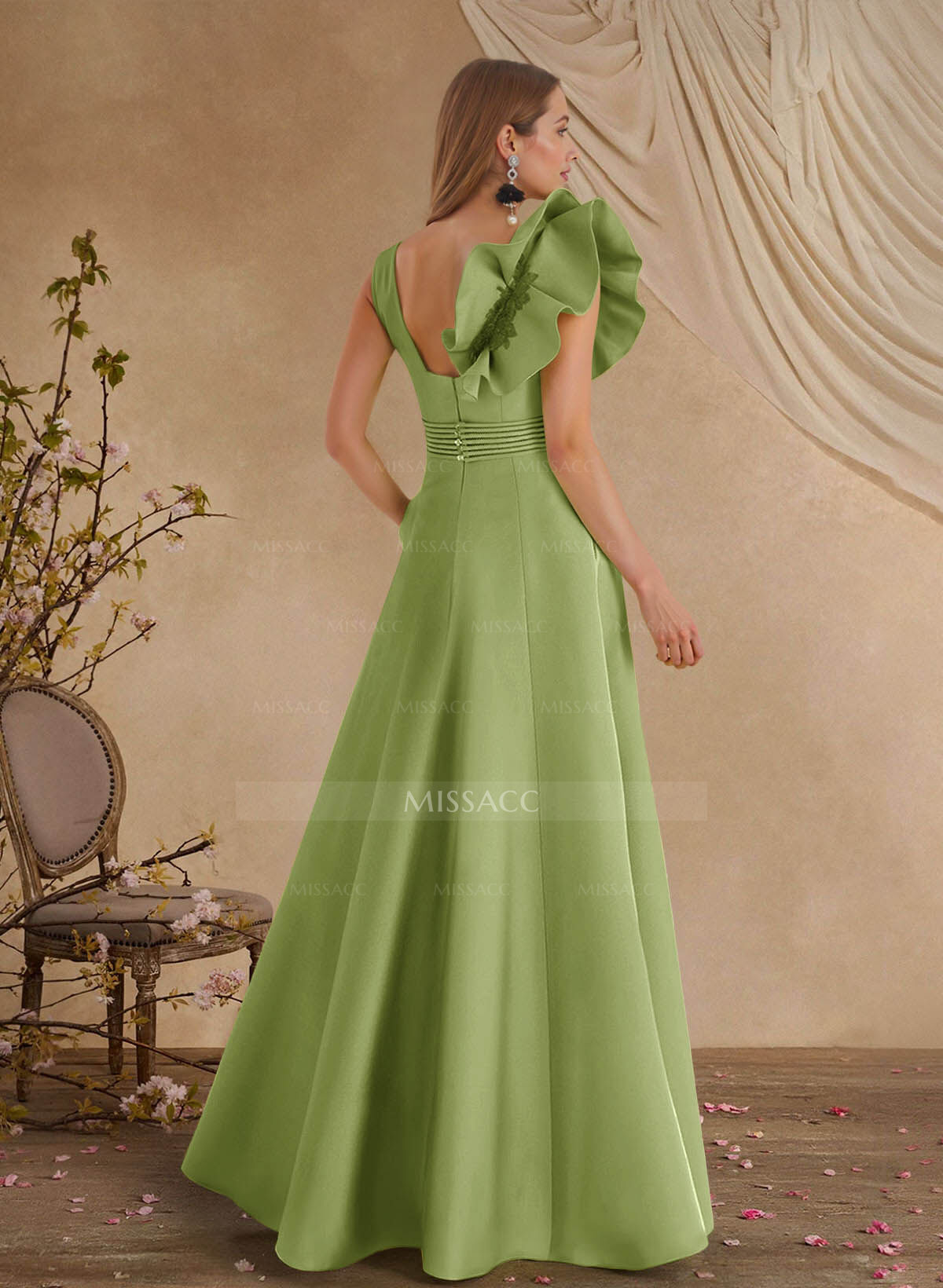 A-Line V-Neck Sleeveless Floor-Length Lace Satin Evening Dresses With Shoulder Ruffle