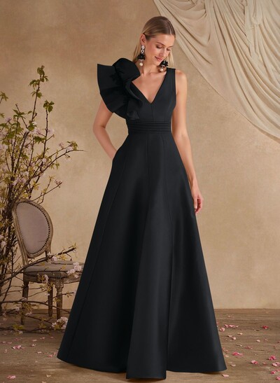 A-Line V-Neck Sleeveless Floor-Length Lace Satin Evening Dresses With Shoulder Ruffle