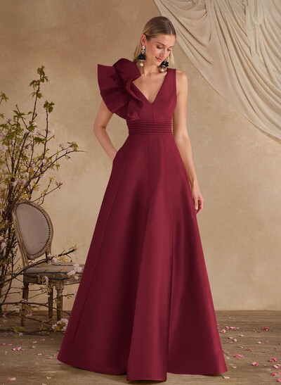 A-Line V-Neck Sleeveless Floor-Length Lace Satin Evening Dresses With Shoulder Ruffle