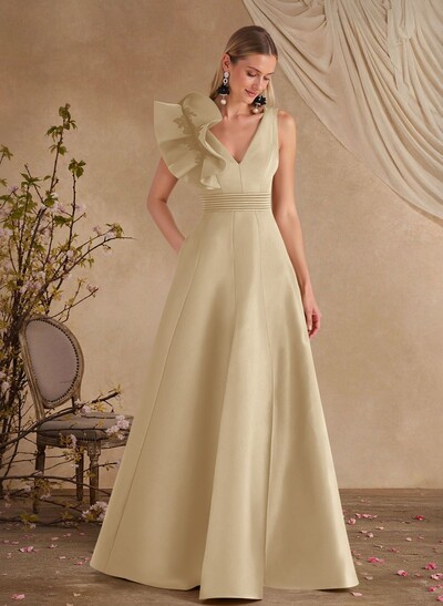 A-Line V-Neck Sleeveless Floor-Length Lace Satin Evening Dresses With Shoulder Ruffle