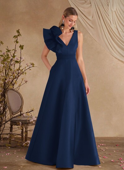 A-Line V-Neck Sleeveless Floor-Length Lace Satin Evening Dresses With Shoulder Ruffle