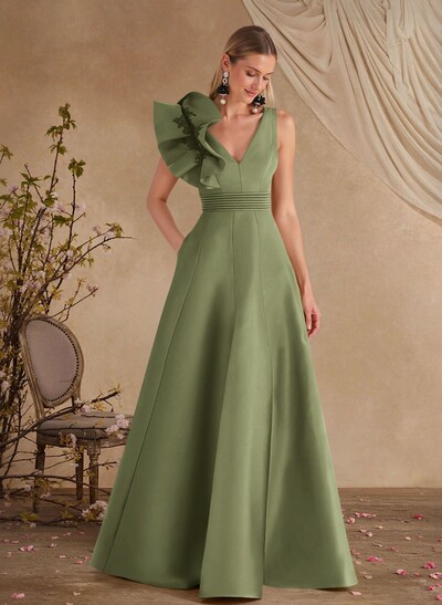A-Line V-Neck Sleeveless Floor-Length Lace Satin Evening Dresses With Shoulder Ruffle