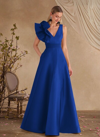 A-Line V-Neck Sleeveless Floor-Length Lace Satin Evening Dresses With Shoulder Ruffle