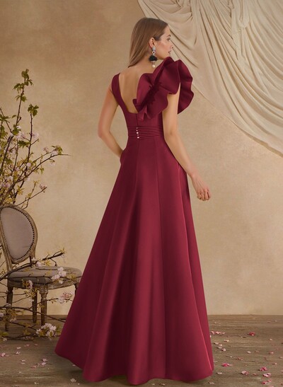 A-Line V-Neck Sleeveless Floor-Length Lace Satin Evening Dresses With Shoulder Ruffle