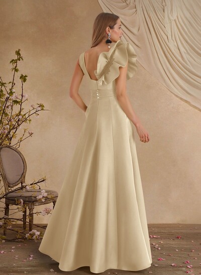 A-Line V-Neck Sleeveless Floor-Length Lace Satin Evening Dresses With Shoulder Ruffle