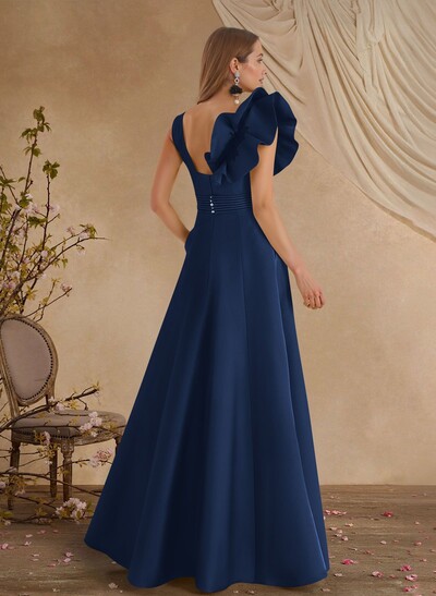 A-Line V-Neck Sleeveless Floor-Length Lace Satin Evening Dresses With Shoulder Ruffle