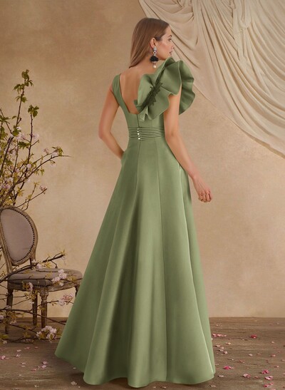A-Line V-Neck Sleeveless Floor-Length Lace Satin Evening Dresses With Shoulder Ruffle