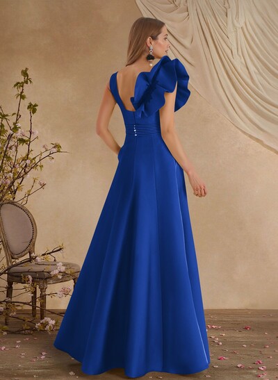 A-Line V-Neck Sleeveless Floor-Length Lace Satin Evening Dresses With Shoulder Ruffle