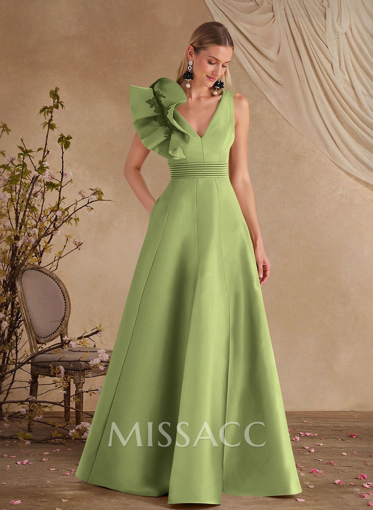 A-Line V-Neck Sleeveless Floor-Length Lace Satin Evening Dresses With Shoulder Ruffle