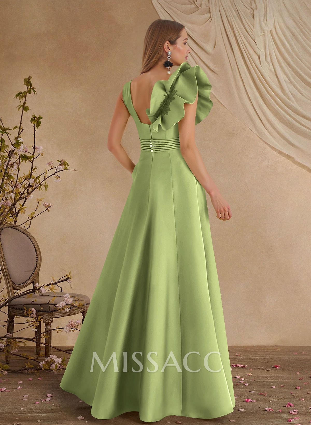 A-Line V-Neck Sleeveless Floor-Length Lace Satin Evening Dresses With Shoulder Ruffle