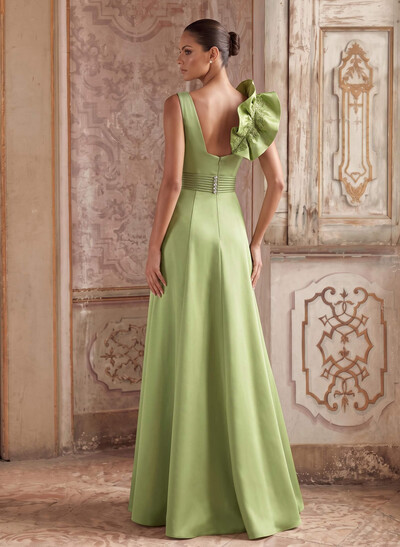 A-Line V-Neck Sleeveless Floor-Length Lace Satin Evening Dresses With Shoulder Ruffle