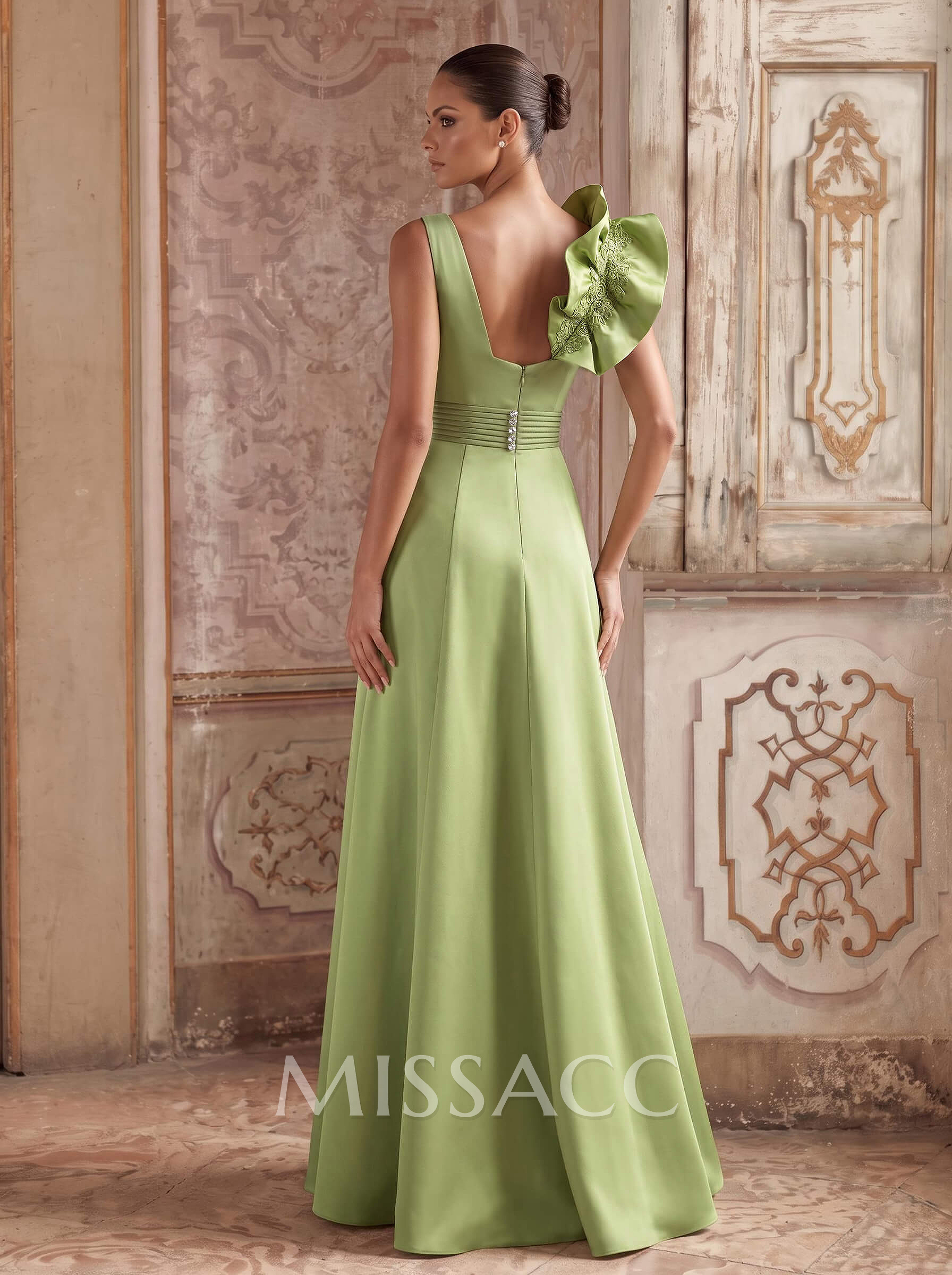 A-Line V-Neck Sleeveless Floor-Length Lace/Twill Satin Evening Dresses With Shoulder Ruffle A-Line V-Neck Sleeveless Floor-Length Lace/Twill Satin Evening Dresses With Shoulder Ruffle