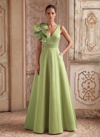 A-Line V-Neck Sleeveless Floor-Length Lace Satin Evening Dresses With Shoulder Ruffle