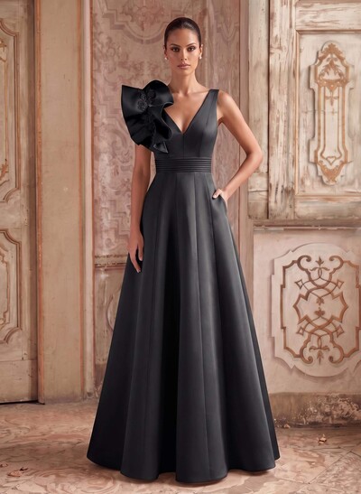 A-Line V-Neck Sleeveless Floor-Length Lace/Twill Satin Evening Gown With Shoulder Ruffle