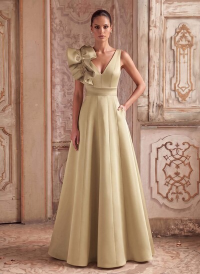A-Line V-Neck Sleeveless Floor-Length Lace/Twill Satin Evening Dresses With Shoulder Ruffle