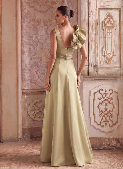 A-Line V-Neck Sleeveless Floor-Length Lace/Twill Satin Evening Dresses With Shoulder Ruffle
