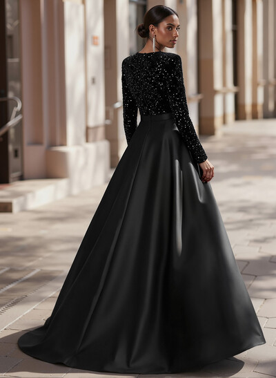 Jumpsuit/Pantsuit Plunge Neck Long Sleeves Detachable Satin/Velvet Sequin Evening Dresses With Sequins