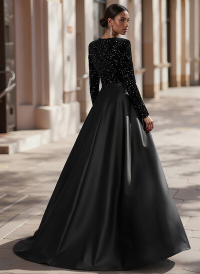 Jumpsuit/Pantsuit Plunge Neck Long Sleeves Detachable Satin/Velvet Sequin Evening Dresses With Sequins