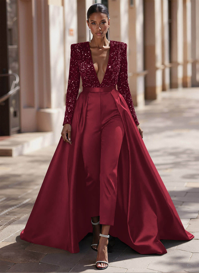 Jumpsuit/Pantsuit Plunge Neck Long Sleeves Detachable Satin/Velvet Sequin Evening Dresses With Sequins