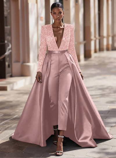 Jumpsuit/Pantsuit Plunge Neck Long Sleeves Detachable Satin/Velvet Sequin Evening Dresses With Sequins