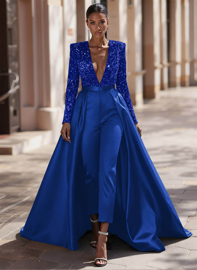 Jumpsuit/Pantsuit Plunge Neck Long Sleeves Detachable Satin/Velvet Sequin Evening Dresses With Sequins