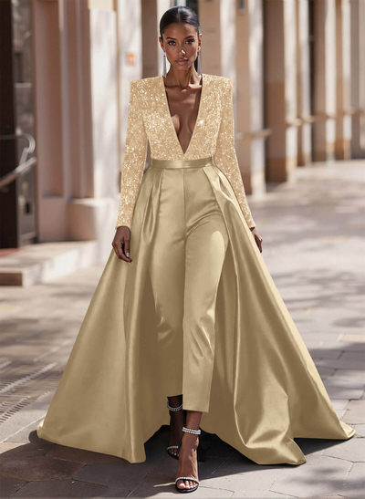 Jumpsuit/Pantsuit Plunge Neck Long Sleeves Detachable Satin/Velvet Sequin Evening Dresses With Sequins