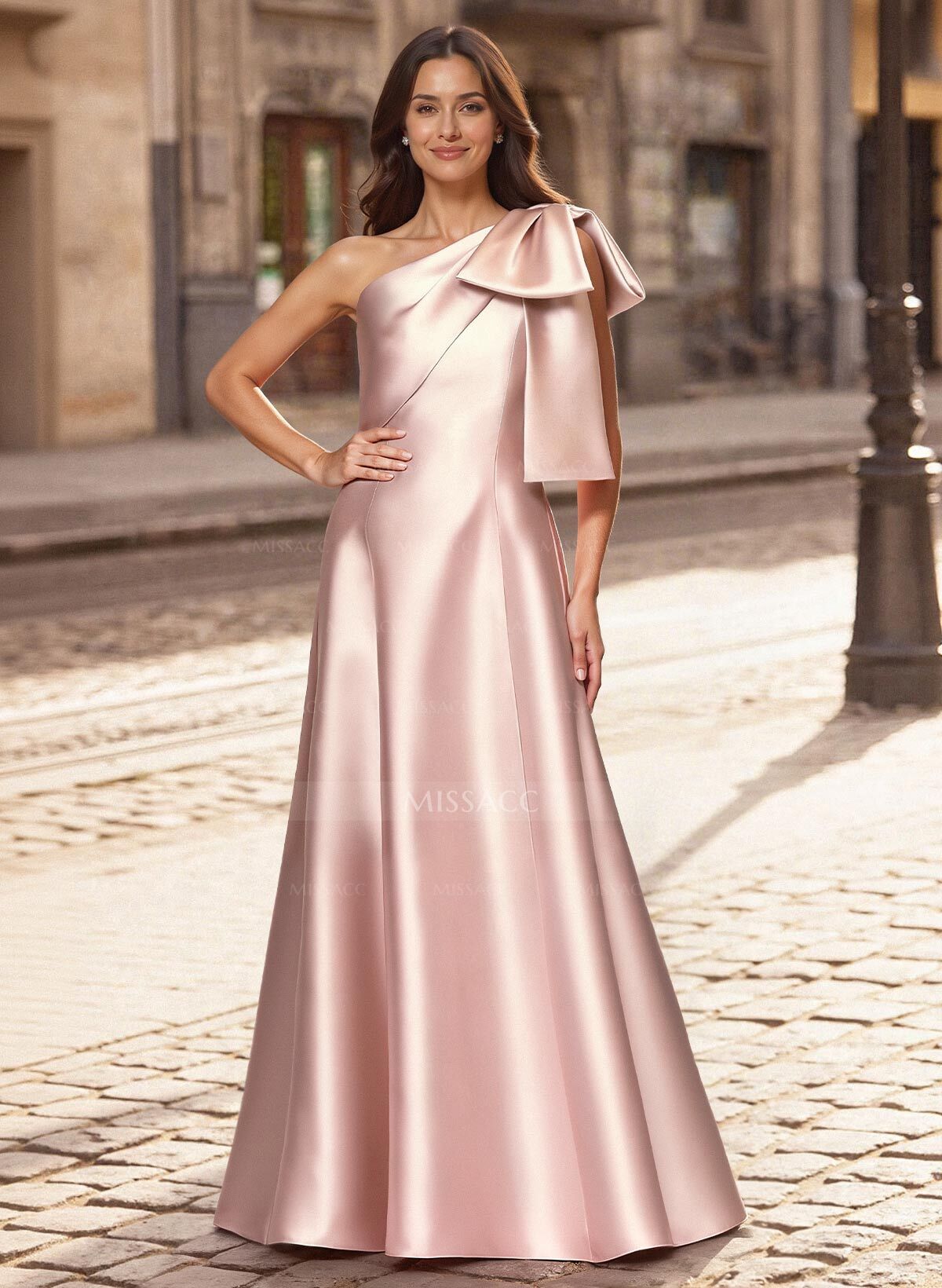 A-Line One-Shoulder Sleeveless Floor-Length Satin Evening Dresses With Bow(s)