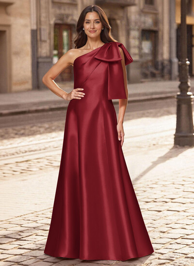 A-Line One-Shoulder Sleeveless Floor-Length Satin Evening Dresses With Bow(s)