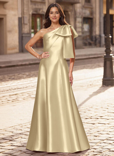 A-Line One-Shoulder Sleeveless Floor-Length Satin Evening Dresses With Bow(s)