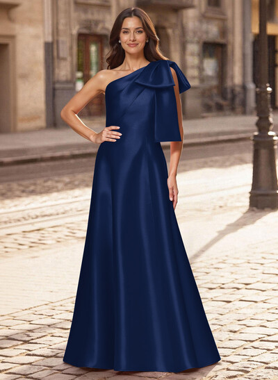 A-Line One-Shoulder Sleeveless Floor-Length Satin Evening Dresses With Bow(s)
