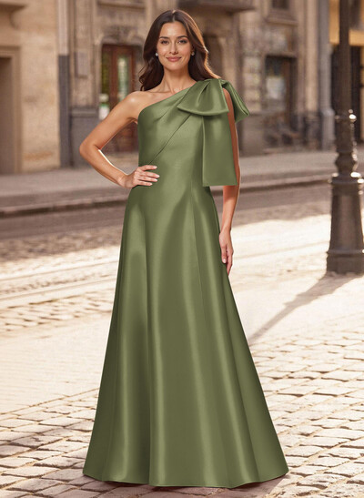 A-Line One-Shoulder Sleeveless Floor-Length Satin Evening Dresses With Bow(s)