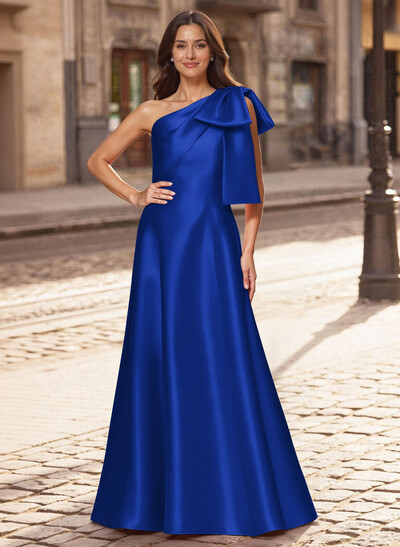 A-Line One-Shoulder Sleeveless Floor-Length Satin Evening Dresses With Bow(s)
